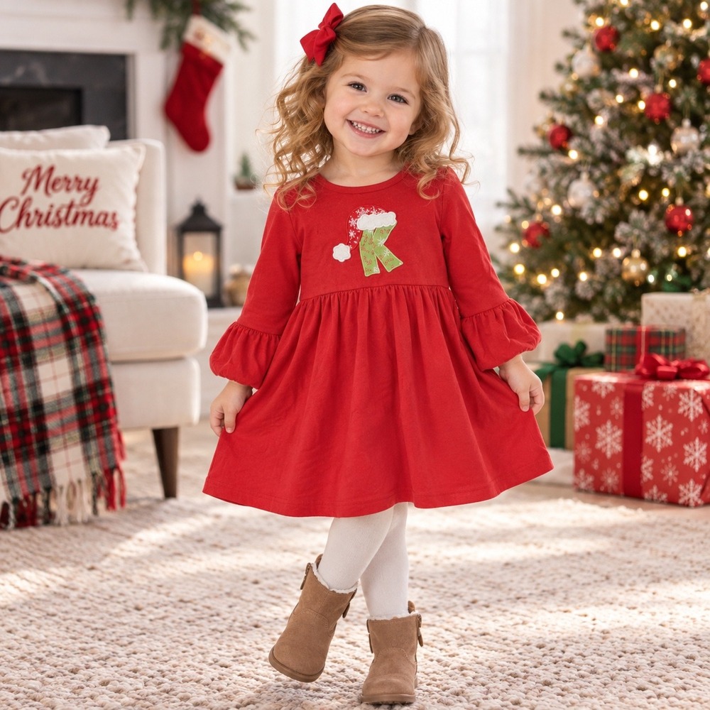 Kellys Kids Long Sleeve Christmas Santa Hat Initial "K" Applique Dress Girls 7